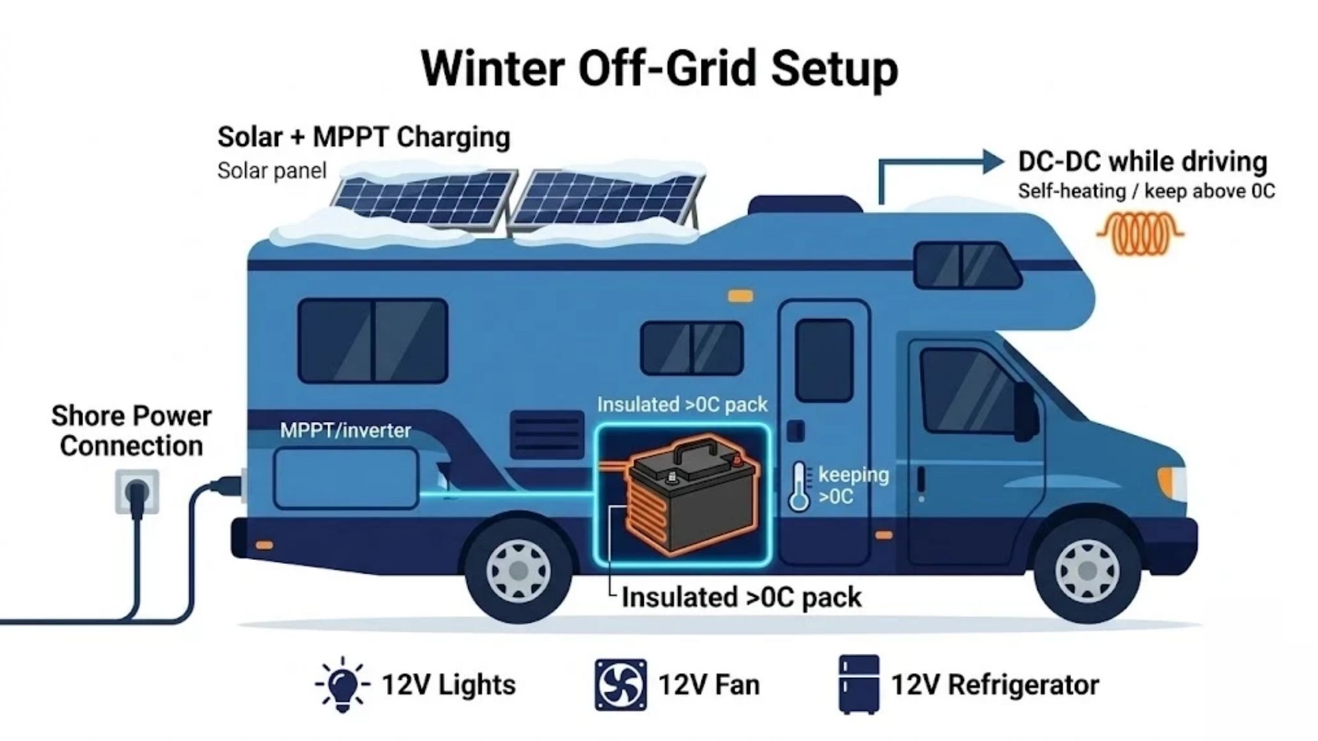 Winter off-grid setup infographic showing an insulated RV battery bay, roof solar panels cleared of snow, shore power and a self-heating LiFePO4 battery