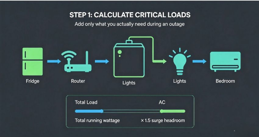 Step 1 infographic for sizing a home battery system: calculating critical appliance loads and required startup surge headroom