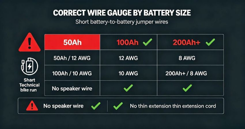 Wire gauge reference chart for customized lifepo4 24v 50ah 100ah 200ah rv golf cart batteries