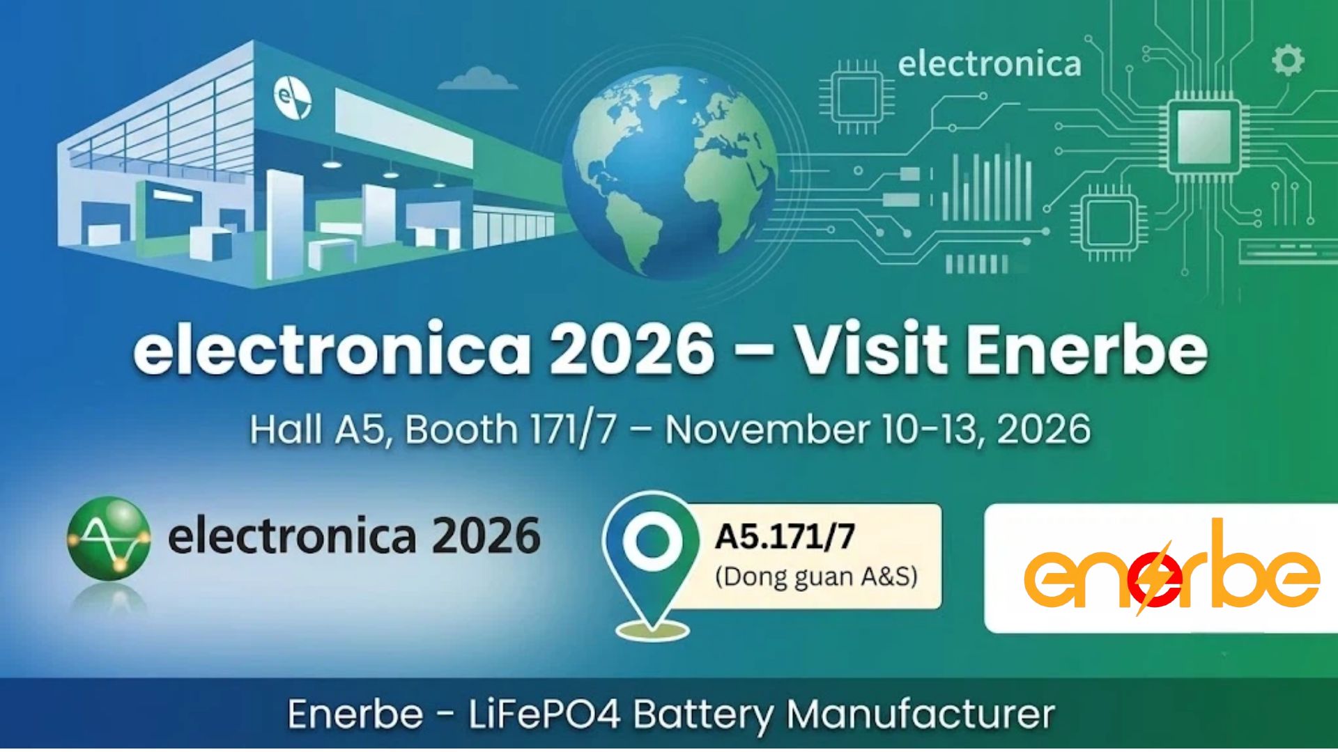 electronica 2026 event details showing dates venue and Enerbe booth location Hall A5 Booth 171/7
