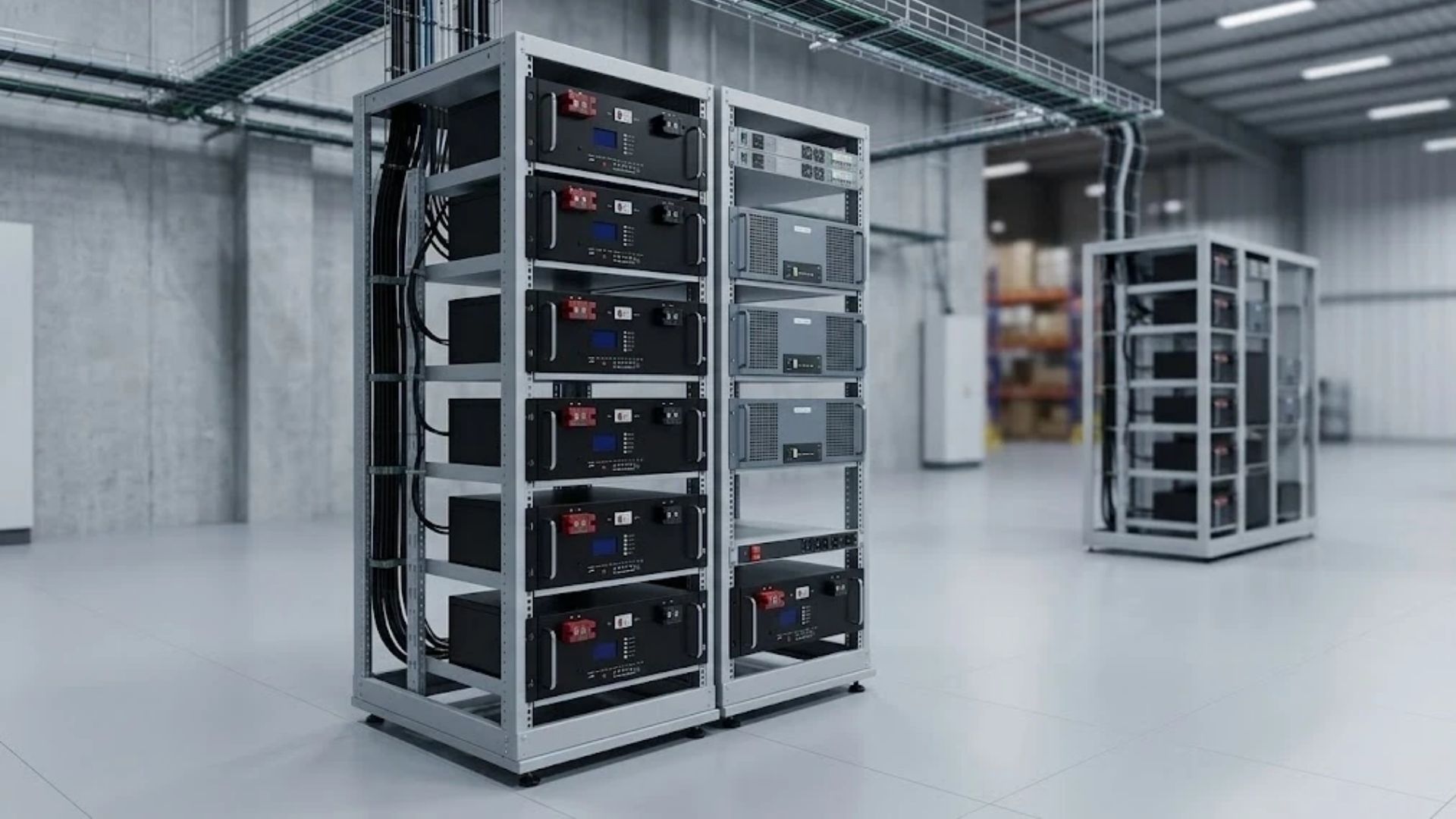 Black 48V LiFePO4 rack battery modules installed in a 19-inch telecom equipment cabinet alongside rectifier shelves at a cell site
