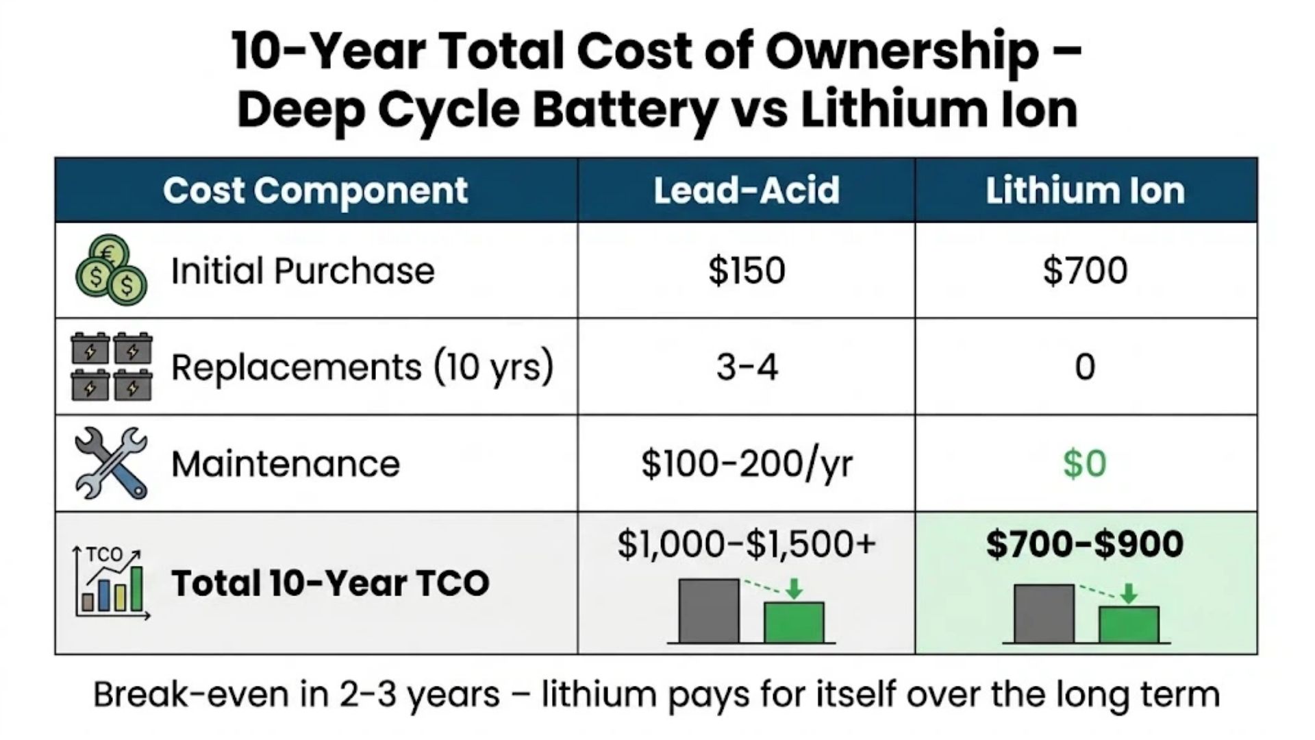 Total cost of ownership comparison deep cycle vs lithium ion for B2B buyers