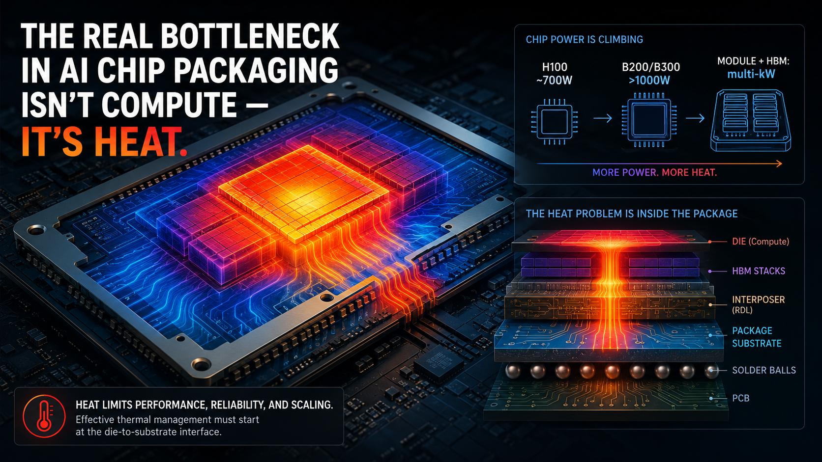 Thermal heat map showing heat distribution across a high-power AI chip package