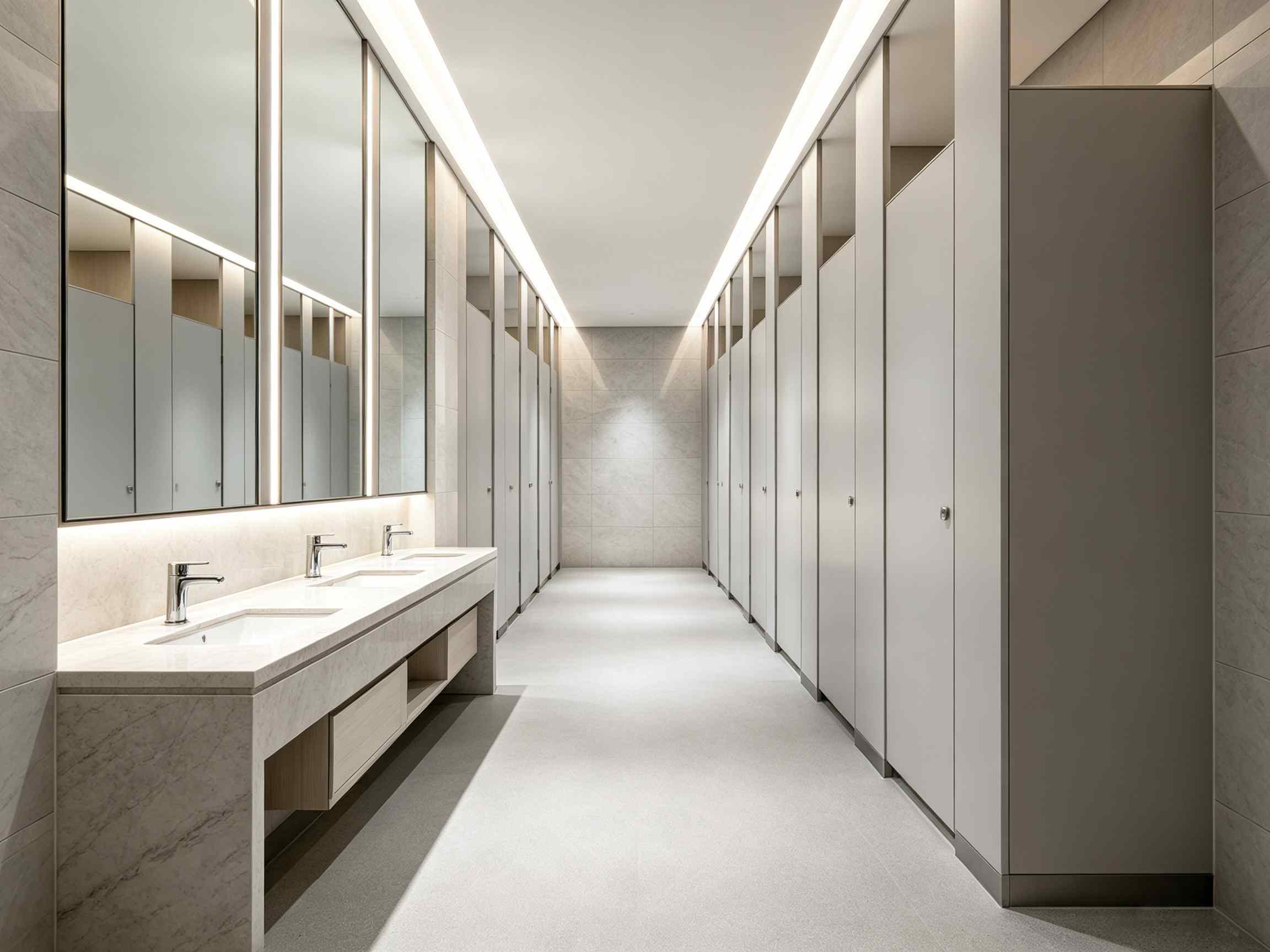 Close-up technical detail of heavy-duty 304 stainless steel hardware and flush trim profile engineering for 150 cubicle stalls / 40 restroom zones project
