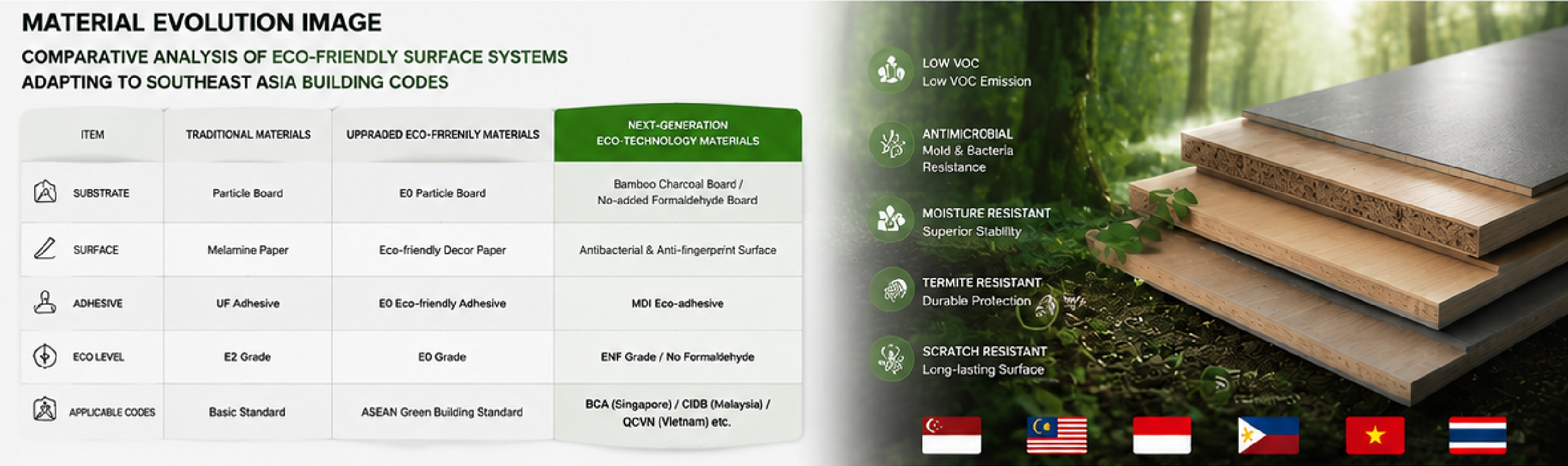 Comparative analysis of eco-friendly surface systems adapting to Southeast Asia building codes