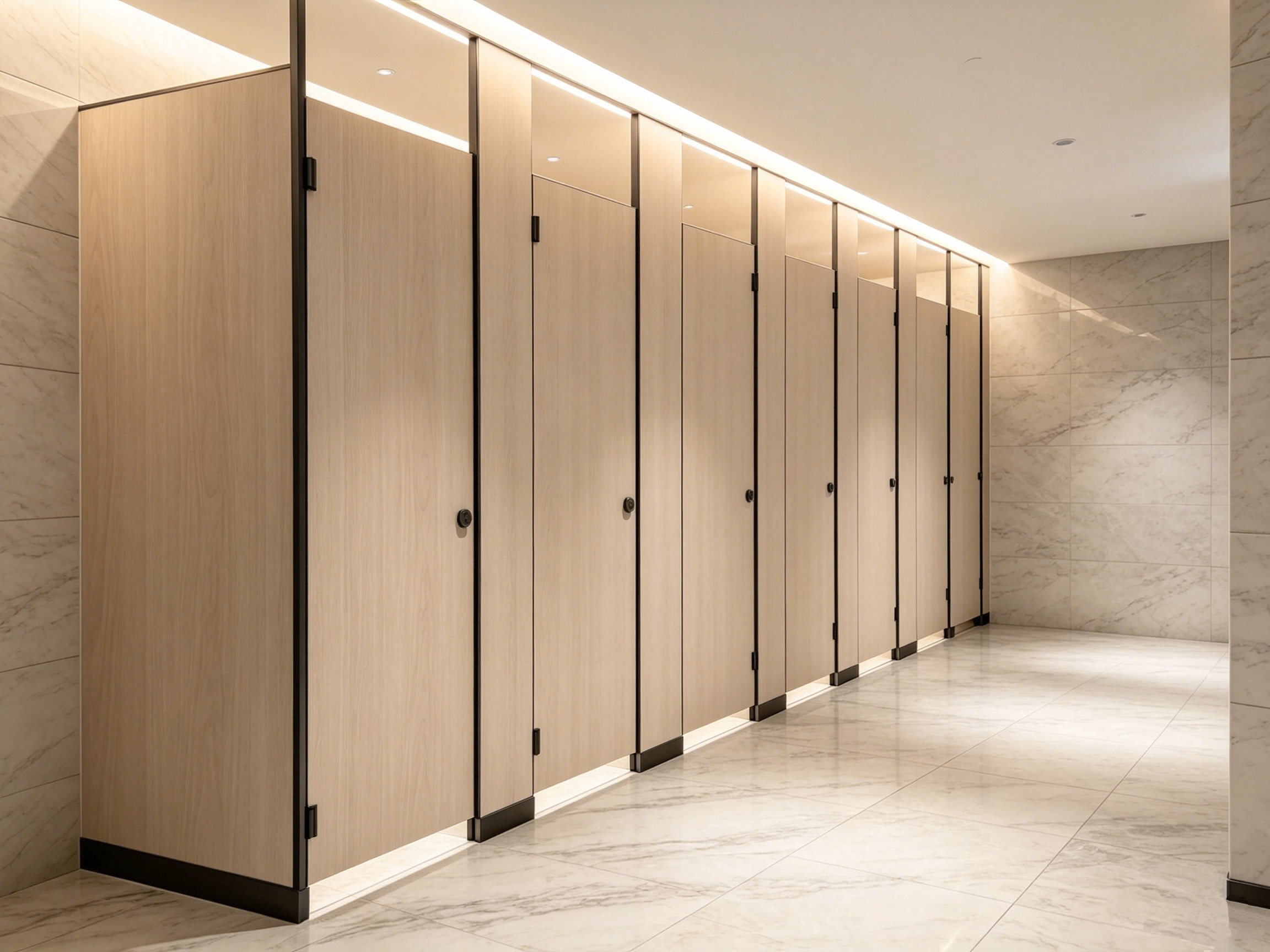 Commercial restroom layout using HPL Toilet Partitions in Vietnam high-traffic public buildings project