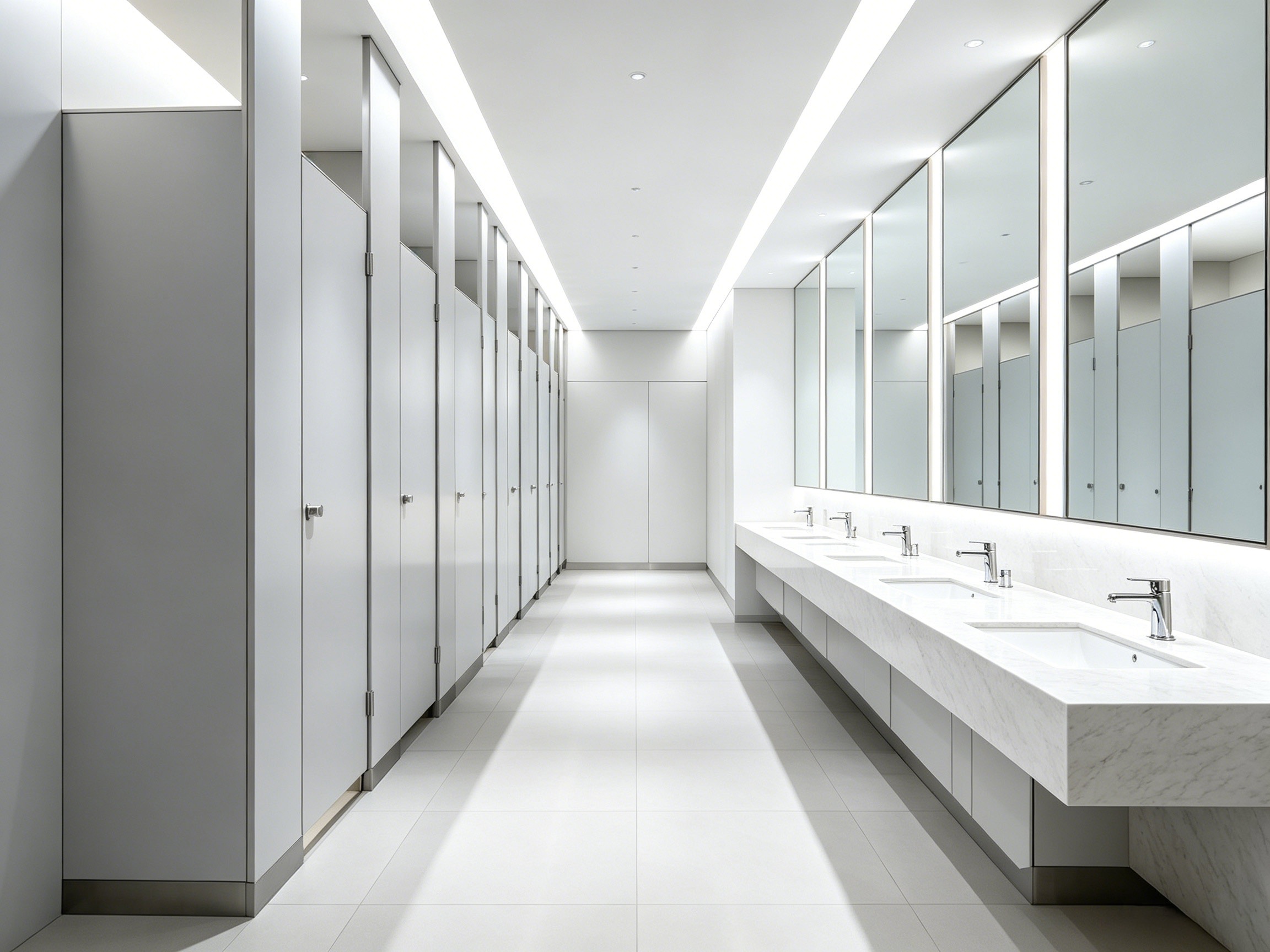 Modern High-Traffic Public Buildings restroom layout featuring custom partitions in Vietnam
