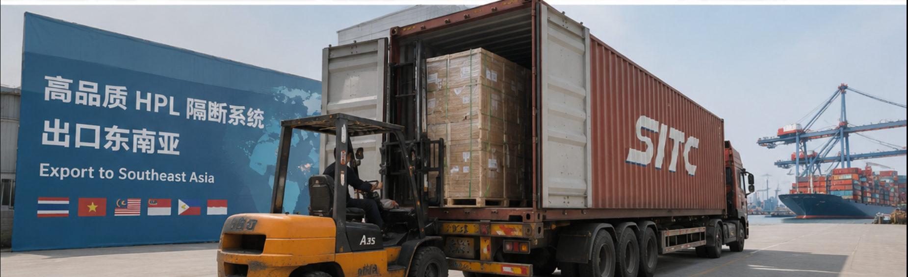 Large-scale container loading operation showing export-ready HPL partition products being shipped to Southeast Asia logistics ports