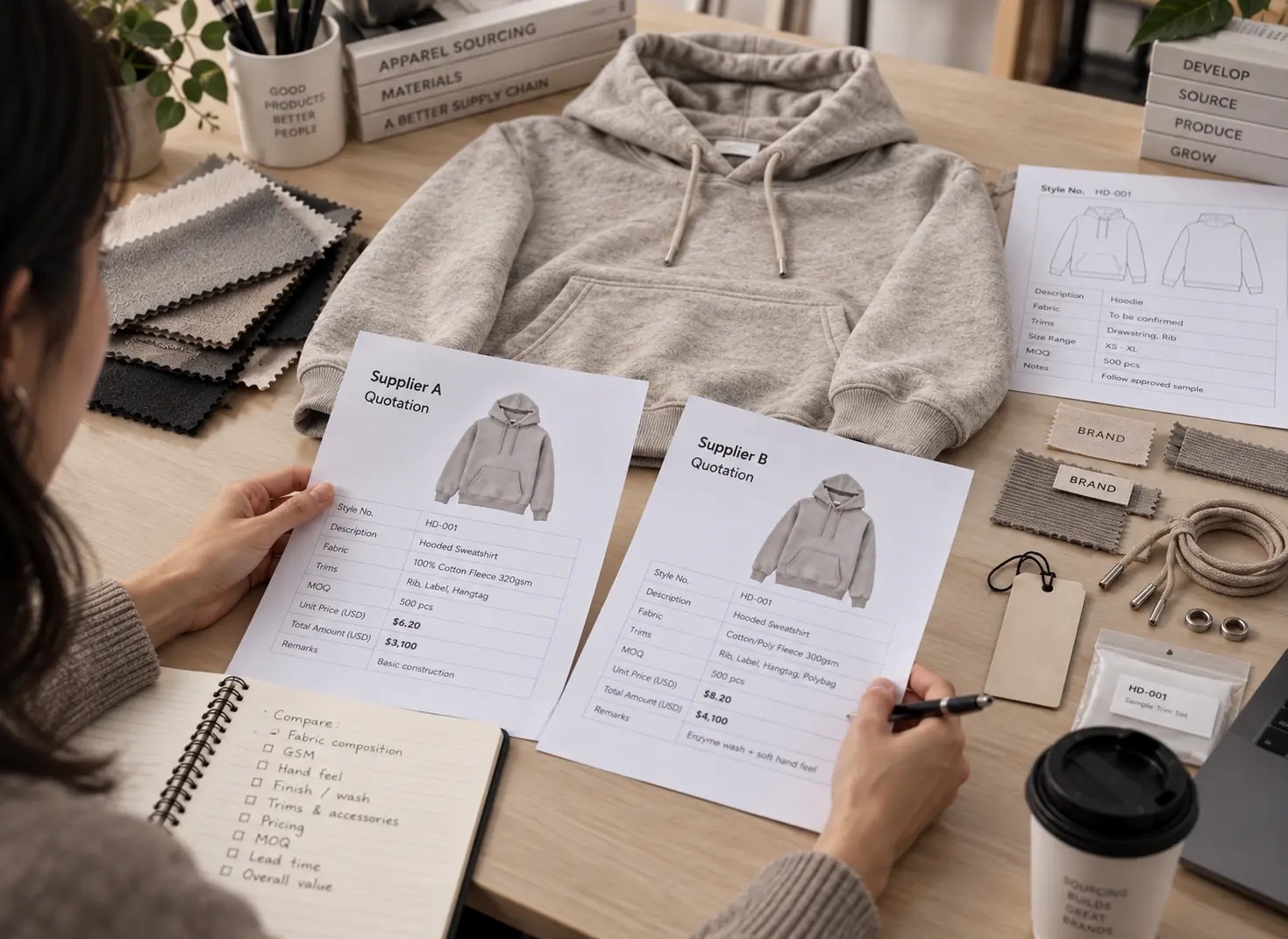 buyer comparing apparel supplier quotations and garment specifications