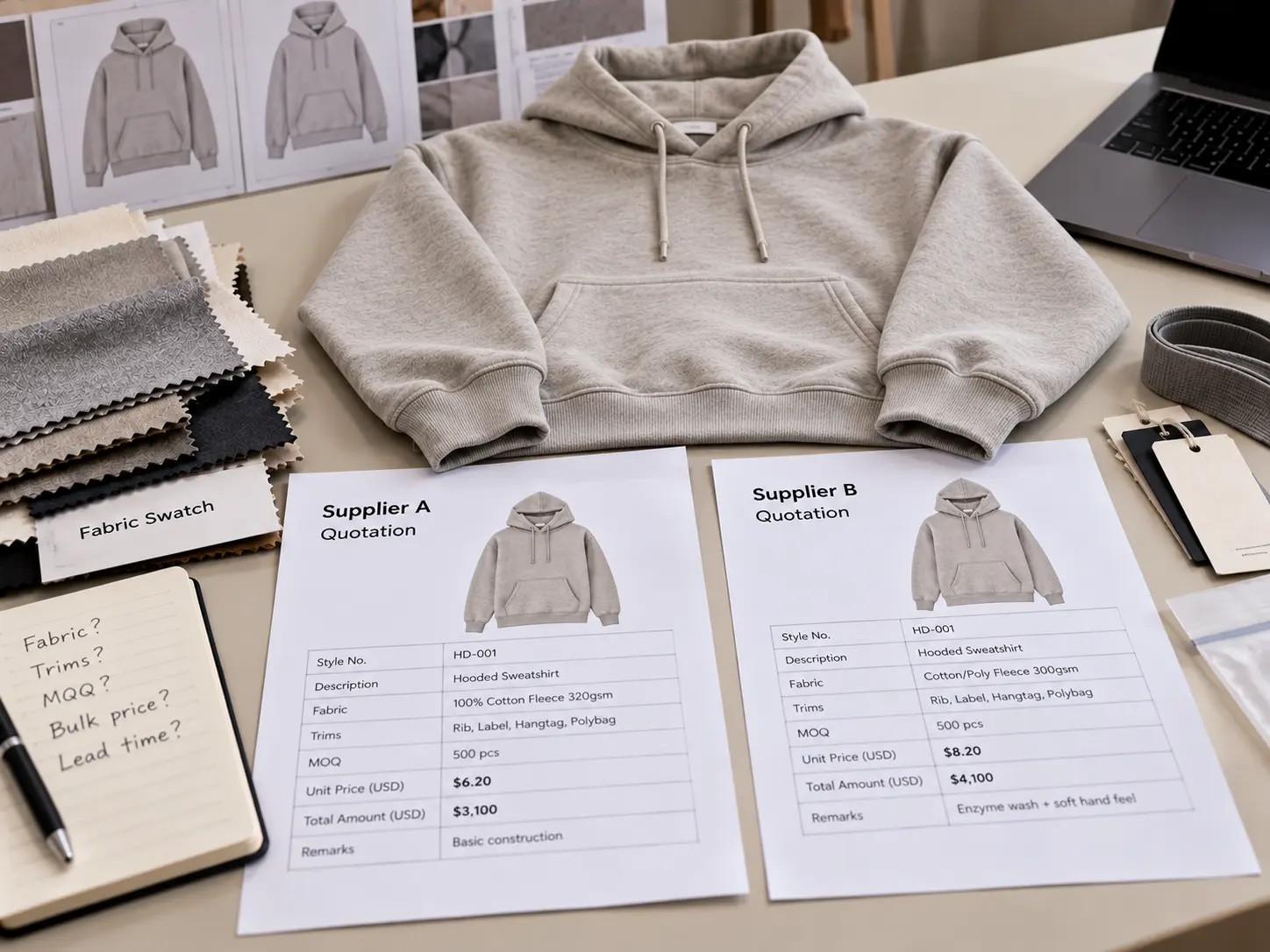 apparel supplier quotes compared for the same garment style
