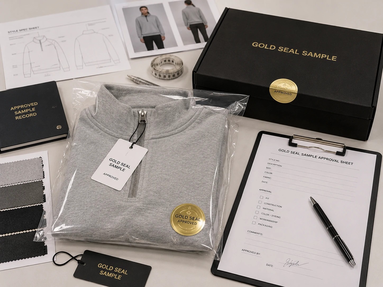 Sealed Gold Seal garment sample prepared for final apparel approval