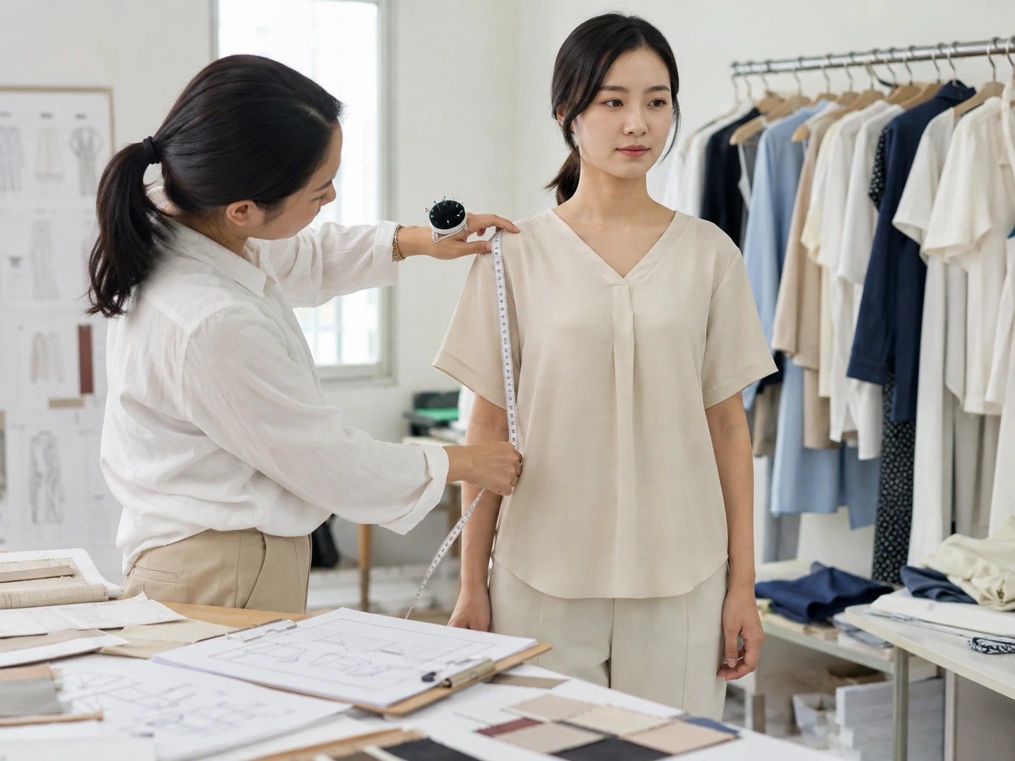 Fit sample garment measurement review on a live model