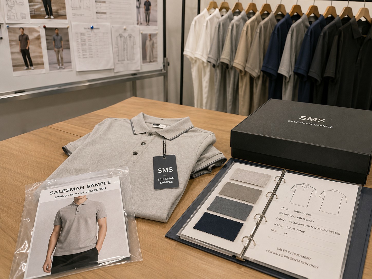 Salesman sample prepared for apparel buyer presentation