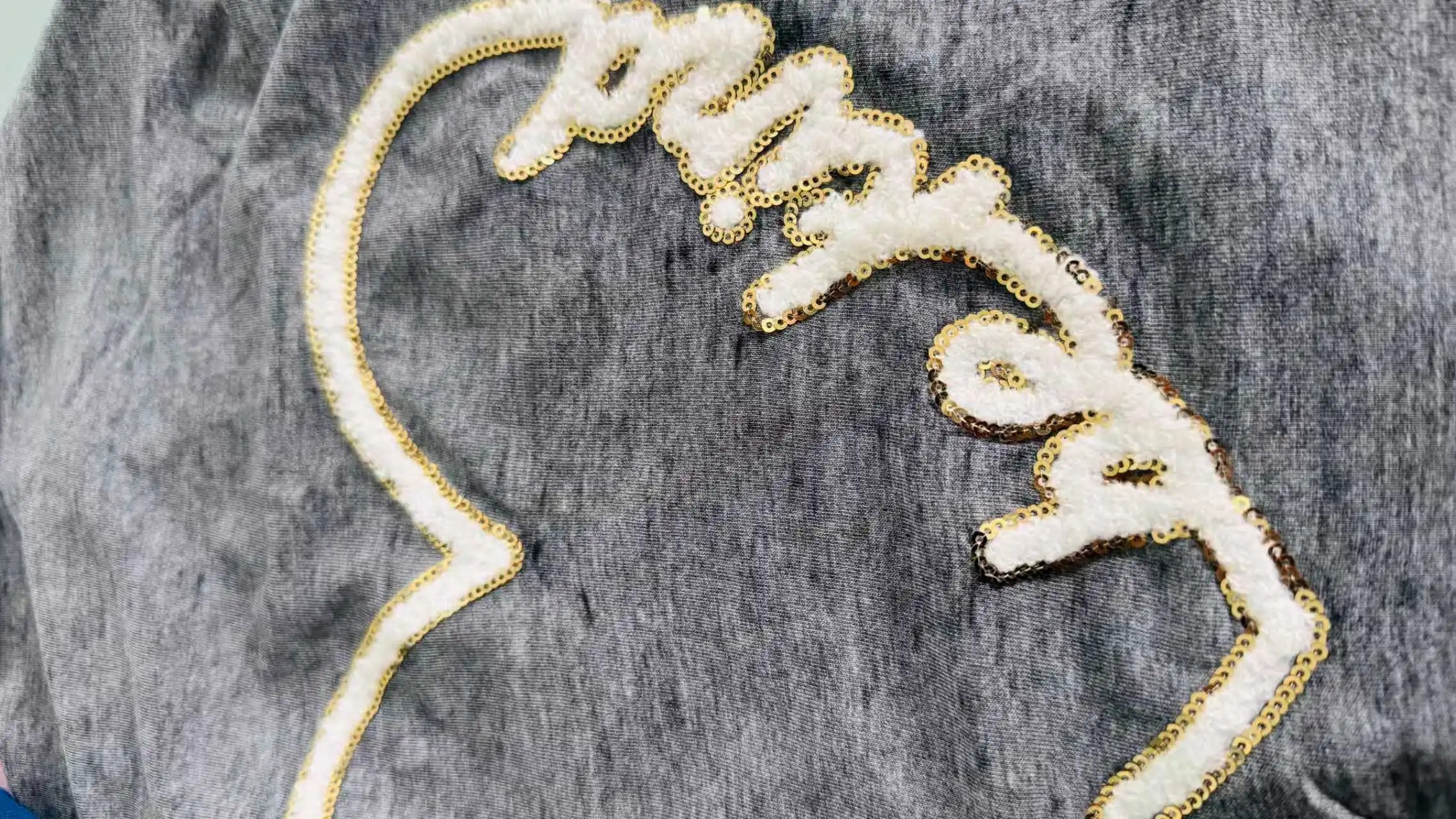 Chenille embroidery outlined with reflective sequins