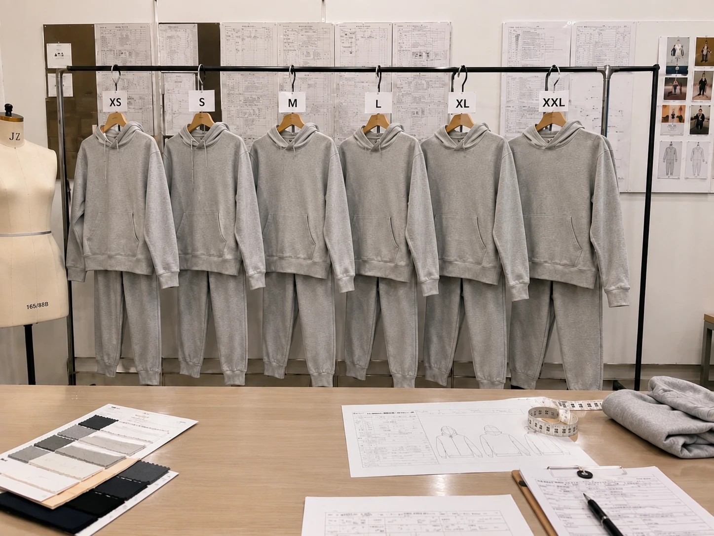 Size set garment samples in multiple sizes for apparel grading review