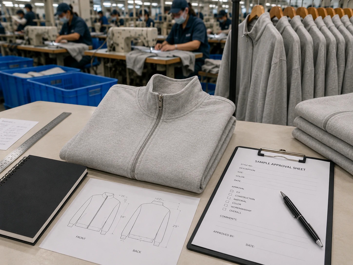 Top of production garment sample checked against approved apparel standards