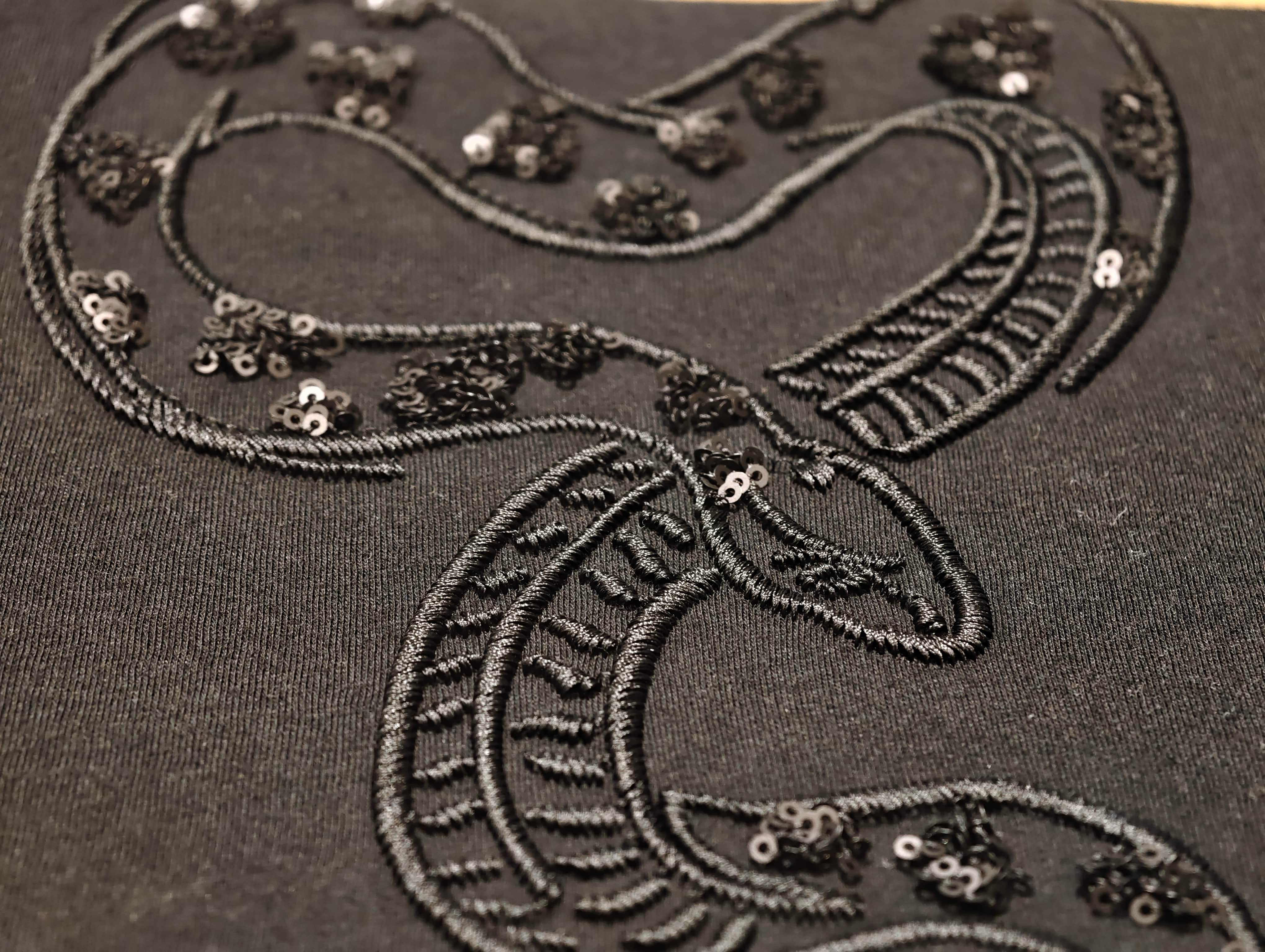 3D flat embroidery combined with sequin accents