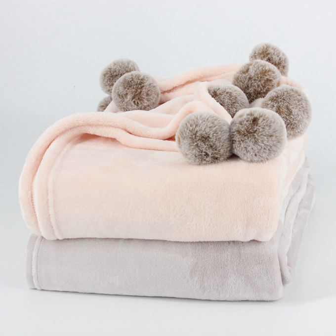 100% Polyester Microfiber Soft Flannel Fleece Throw Blanket with Fur Pom Pom