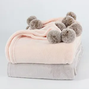 100% Polyester Microfiber Soft Flannel Fleece Throw Blanket with Fur Pom Pom