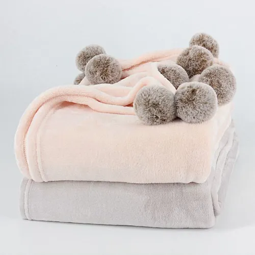 100% Polyester Microfiber Soft Flannel Fleece Throw Blanket with Fur Pom Pom