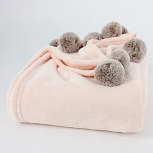 100% Polyester Microfiber Soft Flannel Fleece Throw Blanket with Fur Pom Pom