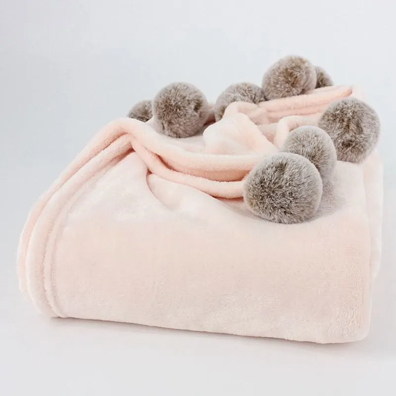 100% Polyester Microfiber Soft Flannel Fleece Throw Blanket with Fur Pom Pom