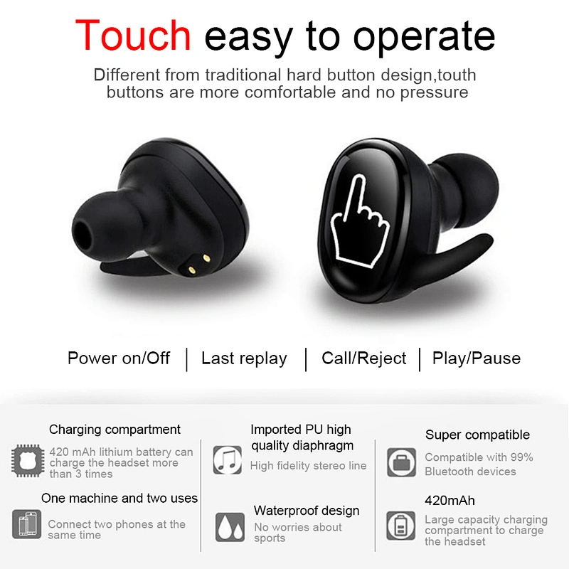 Standby Time 80 Hours Wireless Bluetooth Headset Handsfree Earphone