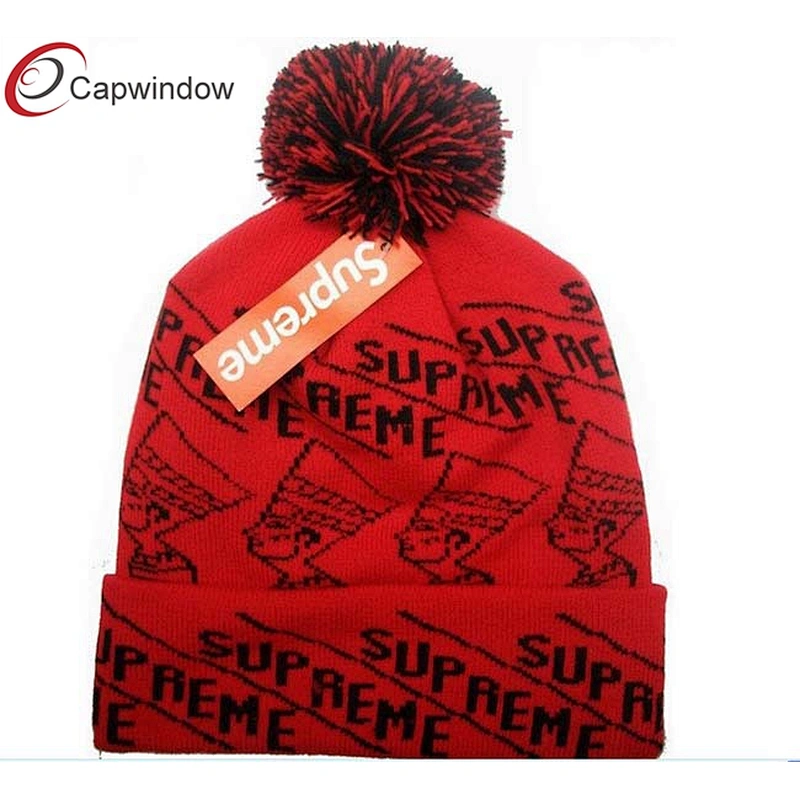 Jacquard Logo Skiing Beanie Winter Hats With A Pompon On Top