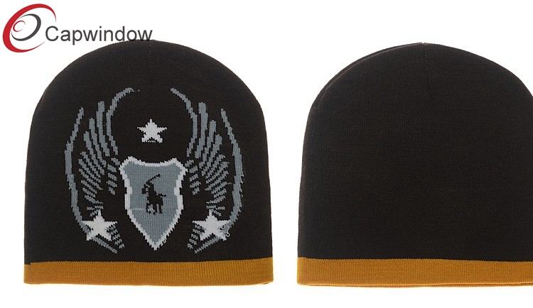 Grey Pattern Jacquard Logo Skiing Beanie Winter Hats With Fleece Lining Inside