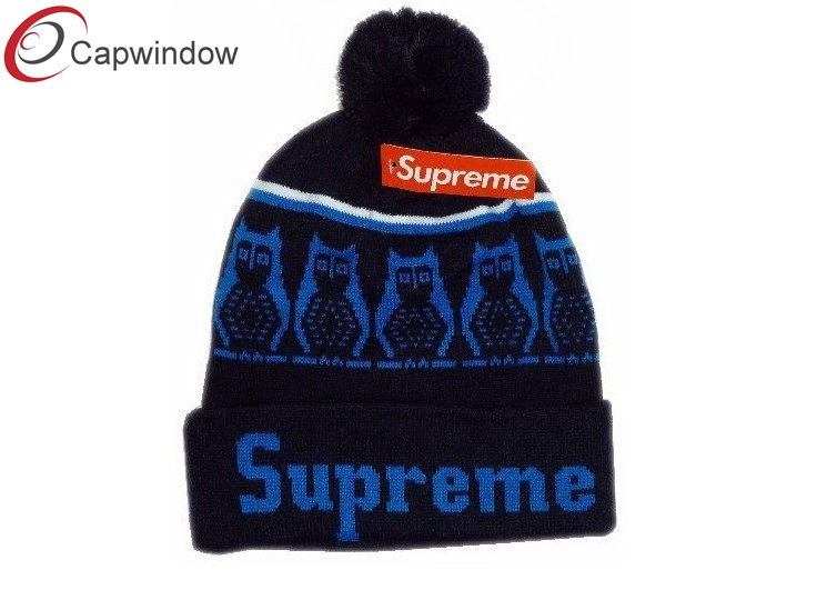 Jacquard Logo Skiing Beanie Winter Hats With A Pompon On Top