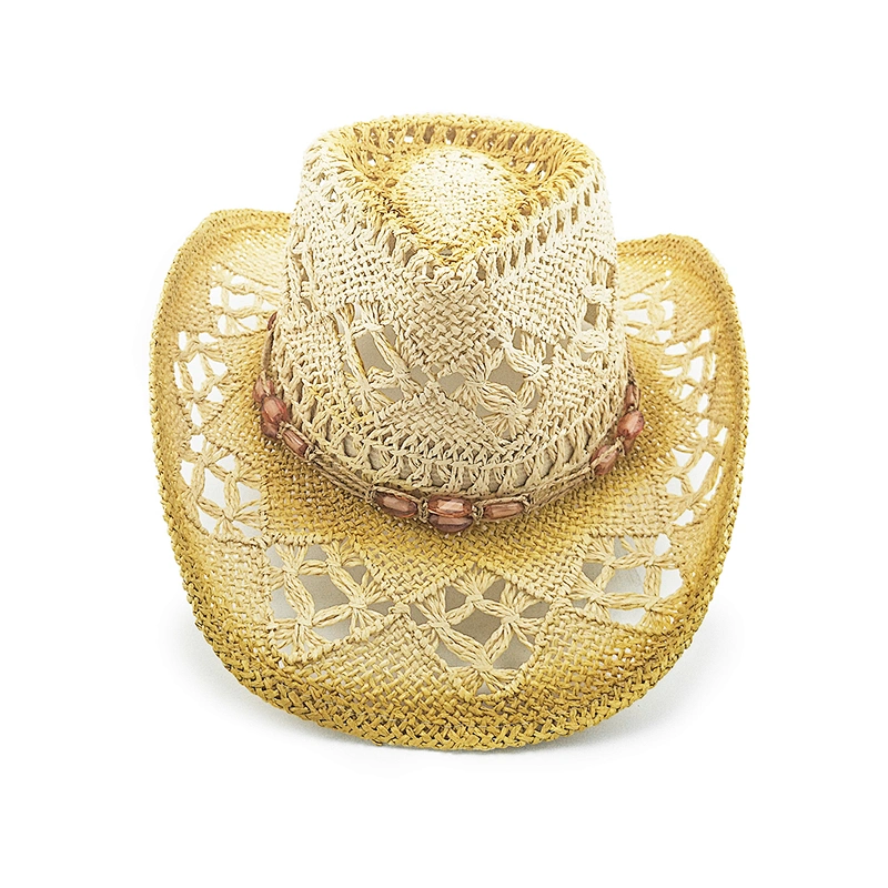 Ladies Vented Paper Cowboy Hat With Painting And Beads Strap