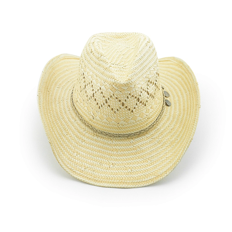2 Tones Ladies And Mens Paper Cowboy Hat With Vented Pattern And Braided Strap