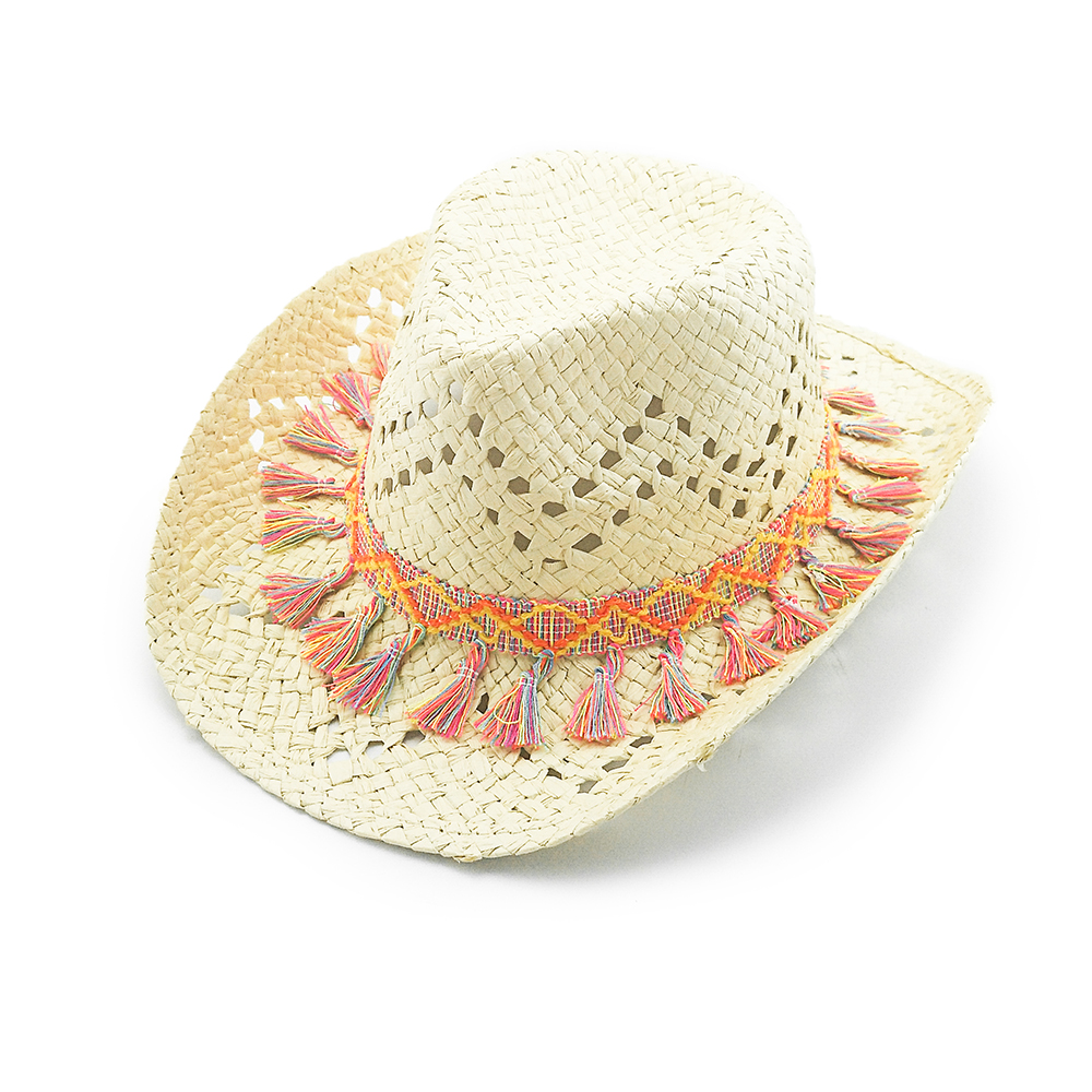 Sombrero de vaquero de papel para señoras con patrón ventilado y correa de borde de borla