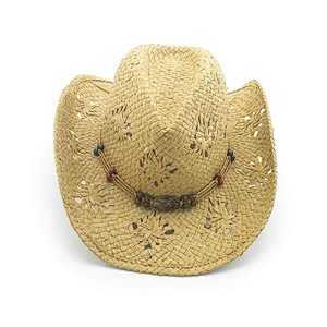Hot Sale Ladies Paper Cowboy Hat With Vented Pattern And Beads Strap