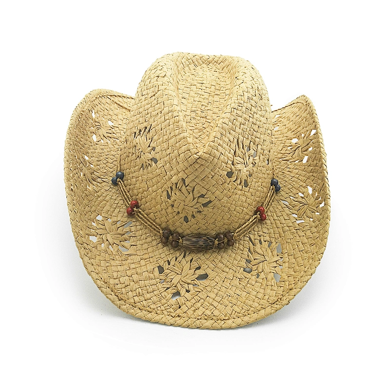 Hot Sale Ladies Paper Cowboy Hat With Vented Pattern And Beads Strap