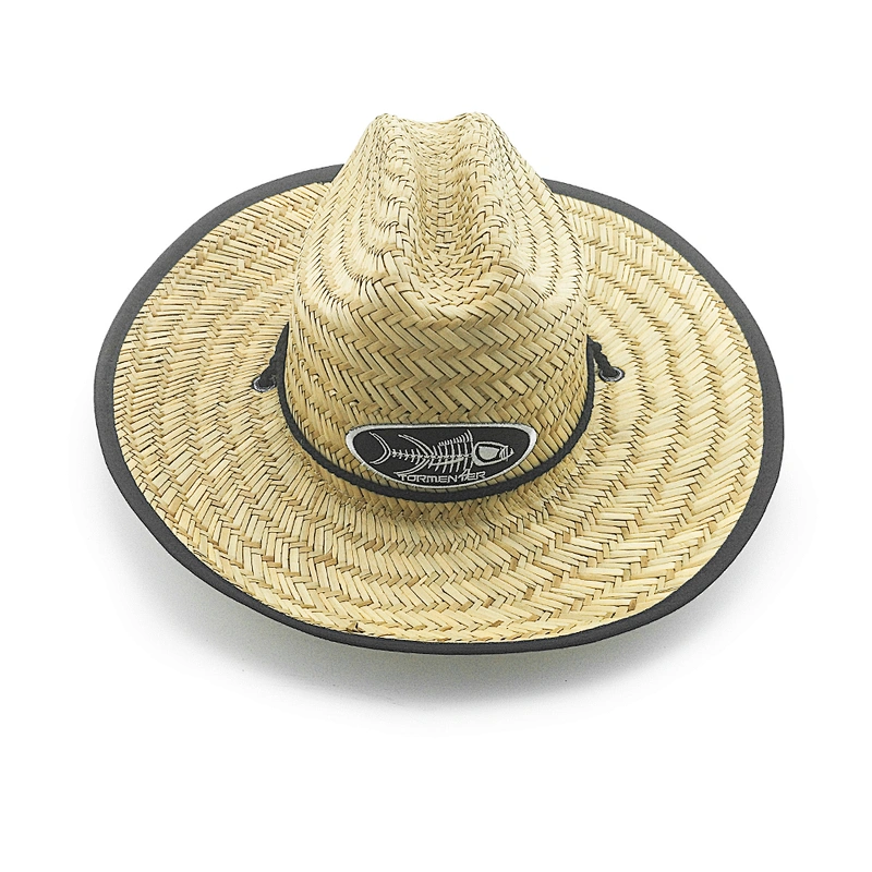 Sombrero de vaquero de paja natural de venta caliente con parche personalizado y corte de cordón de barbilla