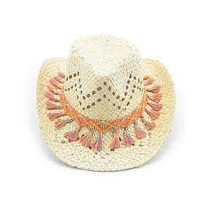 Sombrero de vaquero de papel para señoras con patrón ventilado y correa de borde de borla