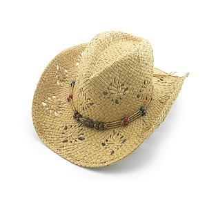 Hot Sale Ladies Paper Cowboy Hat With Vented Pattern And Beads Strap