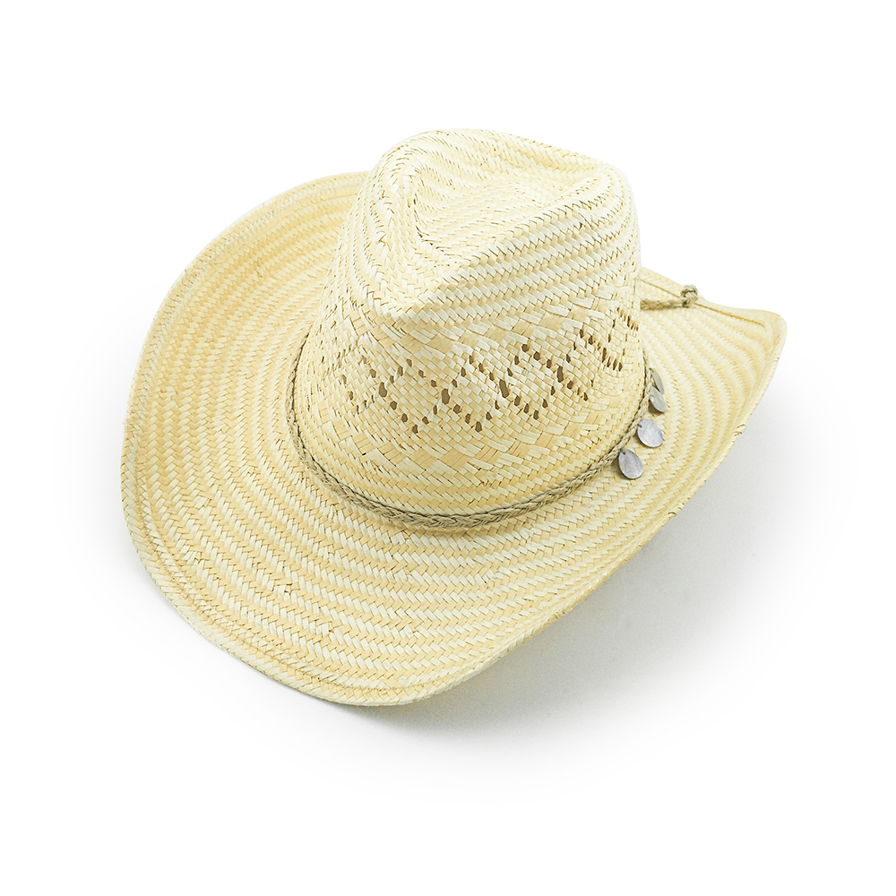 2 Tones Ladies And Mens Paper Cowboy Hat With Vented Pattern And Braided Strap