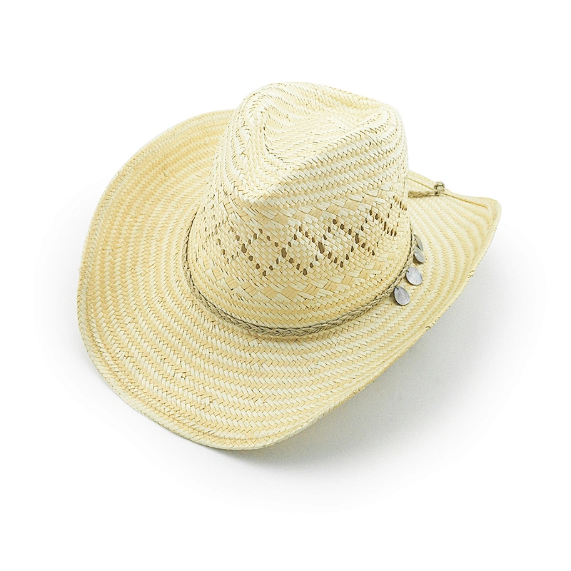2 Tones Ladies And Mens Paper Cowboy Hat With Vented Pattern And Braided Strap