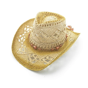 Ladies Vented Paper Cowboy Hat With Painting And Beads Strap
