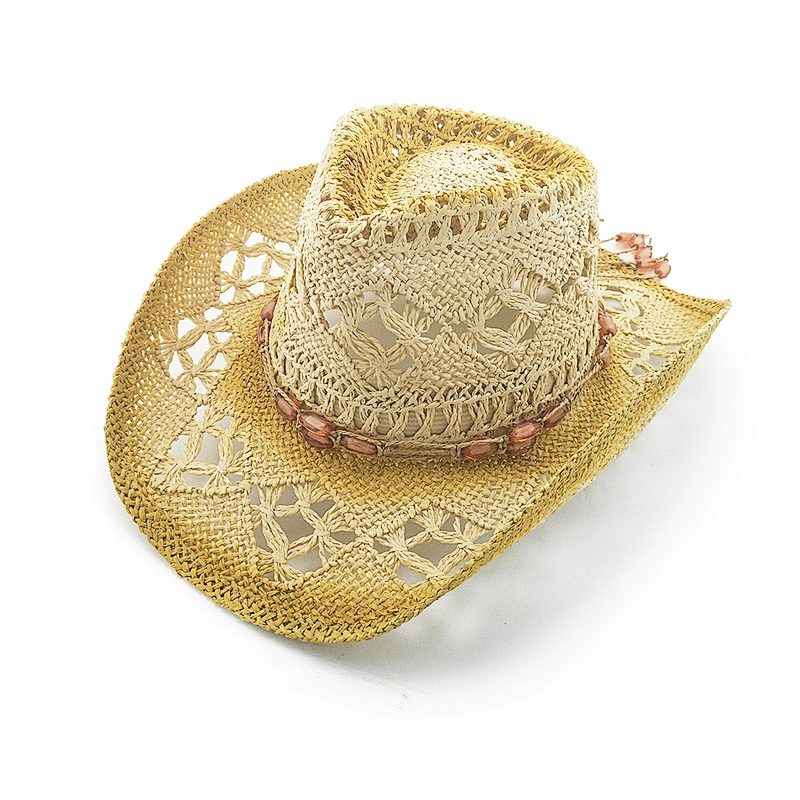 Ladies Vented Paper Cowboy Hat With Painting And Beads Strap