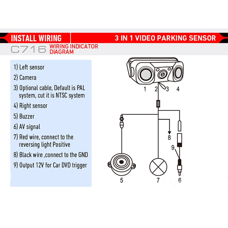 3 in 1 video parking sensor car rear view system for DIY installation