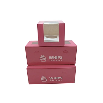 Set pink cupcake box with clear window and paper bag