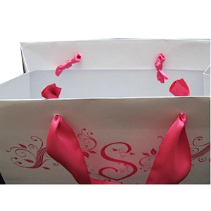 Custom printed cosmetic paper bag with ribbon handle
