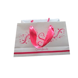 Custom printed cosmetic paper bag with ribbon handle