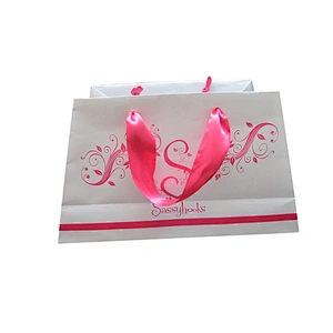 Custom printed cosmetic paper bag with ribbon handle