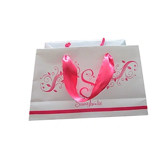 Custom printed cosmetic paper bag with ribbon handle