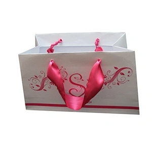 Custom printed cosmetic paper bag with ribbon handle