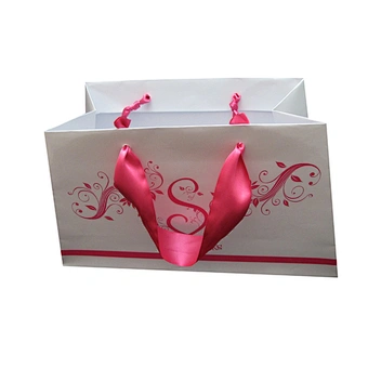 Custom printed cosmetic paper bag with ribbon handle